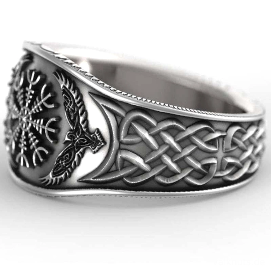 Handgemachter Wikinger Ring Aegishjalmur mit Odins Raben aus 316L Edelstahl