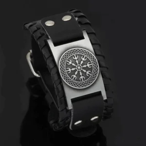 Handgefertigtes Wikinger Armband mit Aegishjalmur Symbol aus Leder und Zinklegierung