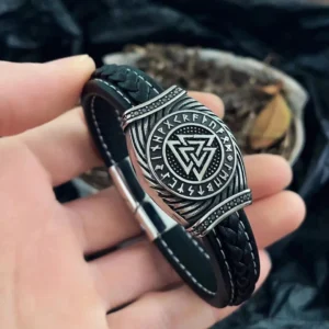 Handgemachtes Wikinger Armband mit Edelstahl Valknut Schild
