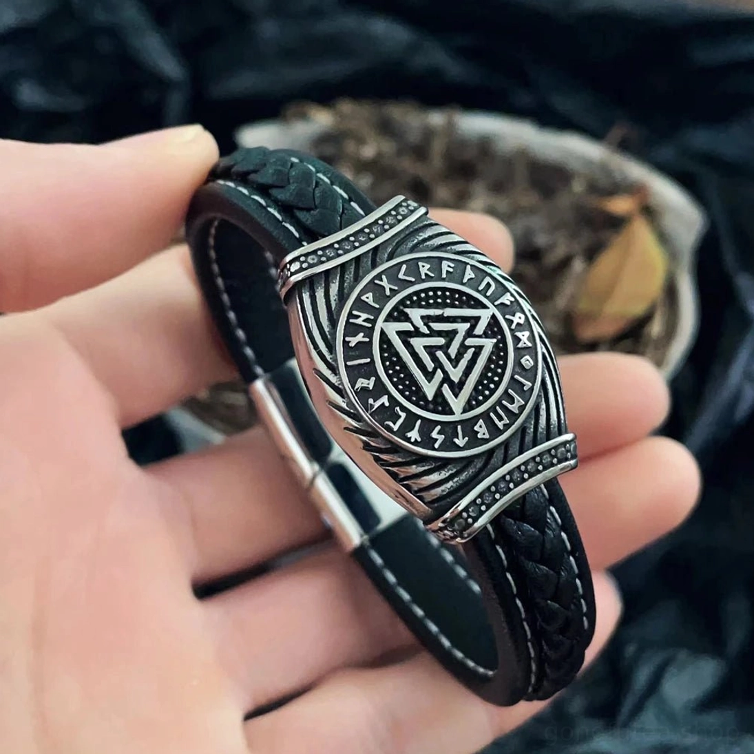Handgemachtes Wikinger Armband mit Edelstahl Valknut Schild