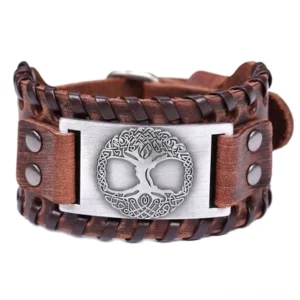 Handgemachtes Wikinger Armband Yggdrasil mit Leder und Edelstahl