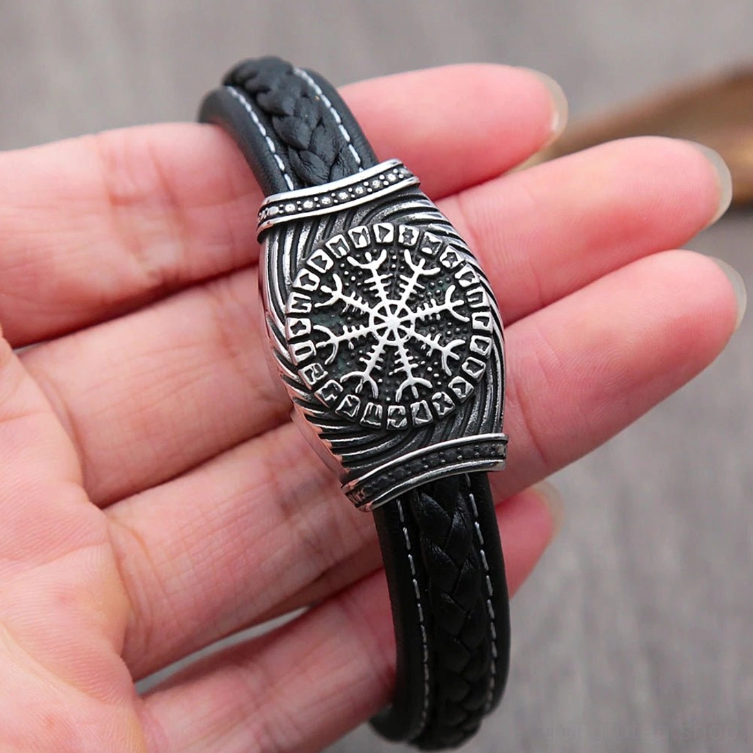 Herren Wikinger Armband aus Leder und Edelstahl mit Runen und Aegishjalmur