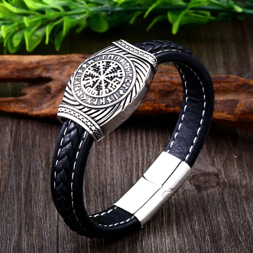 Wikinger Armband Vegvisir Runen aus Leder und Edelstahl fuer Herren