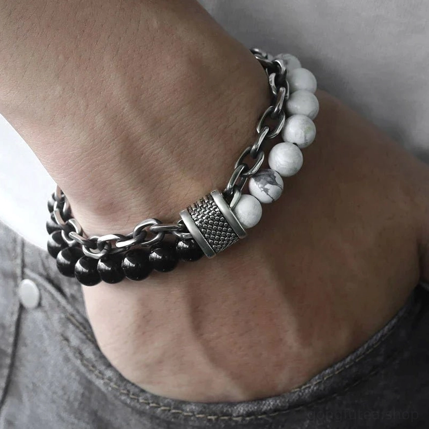 Herren Wikinger Armreif mit Tigerauge Naturstein Perlen