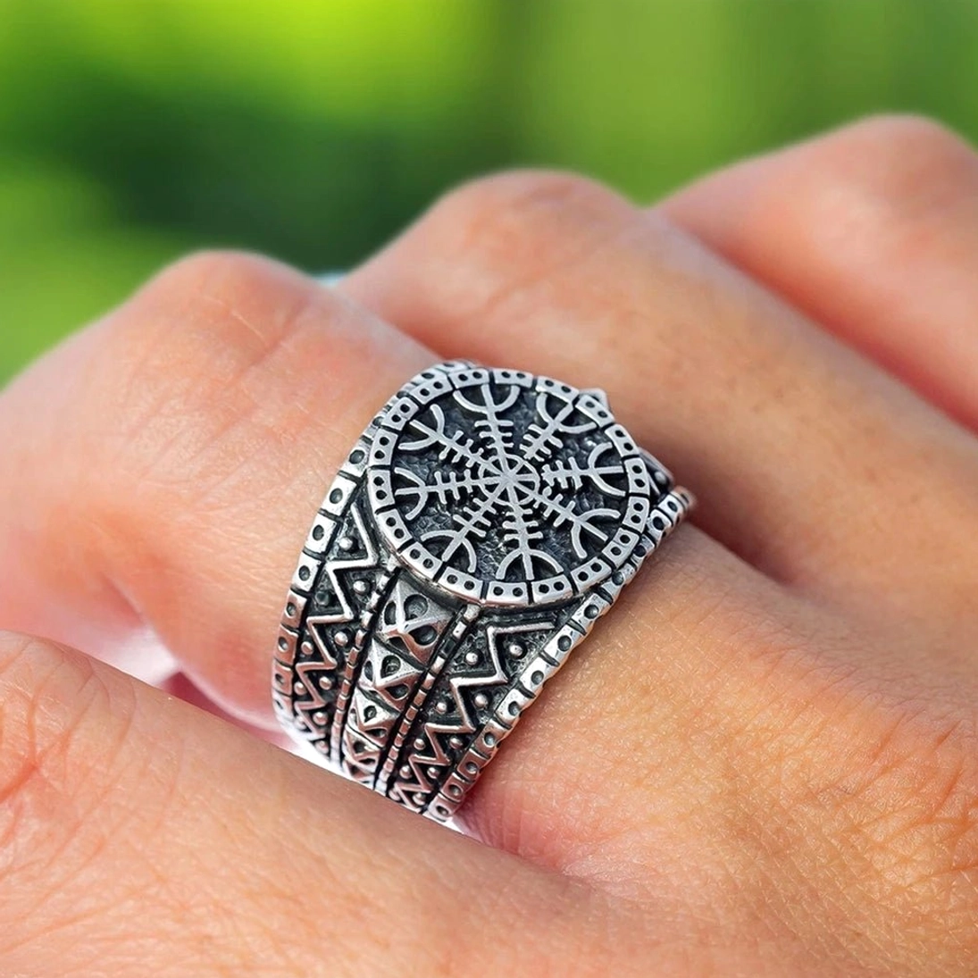 Herrn Wikinger Ring mit Aegishjalmur Symbol aus Edelstahl