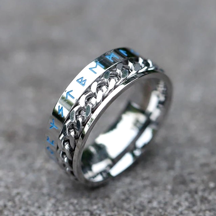 Herren Wikinger Ring Odin Runen aus 316L Edelstahl mit drehbarer Kette