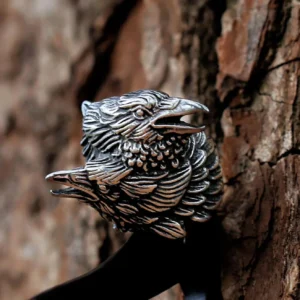 Herren Wikinger Ring Huginn Muninn aus Edelstahl, robuster Biker Stil mit Odins Raben