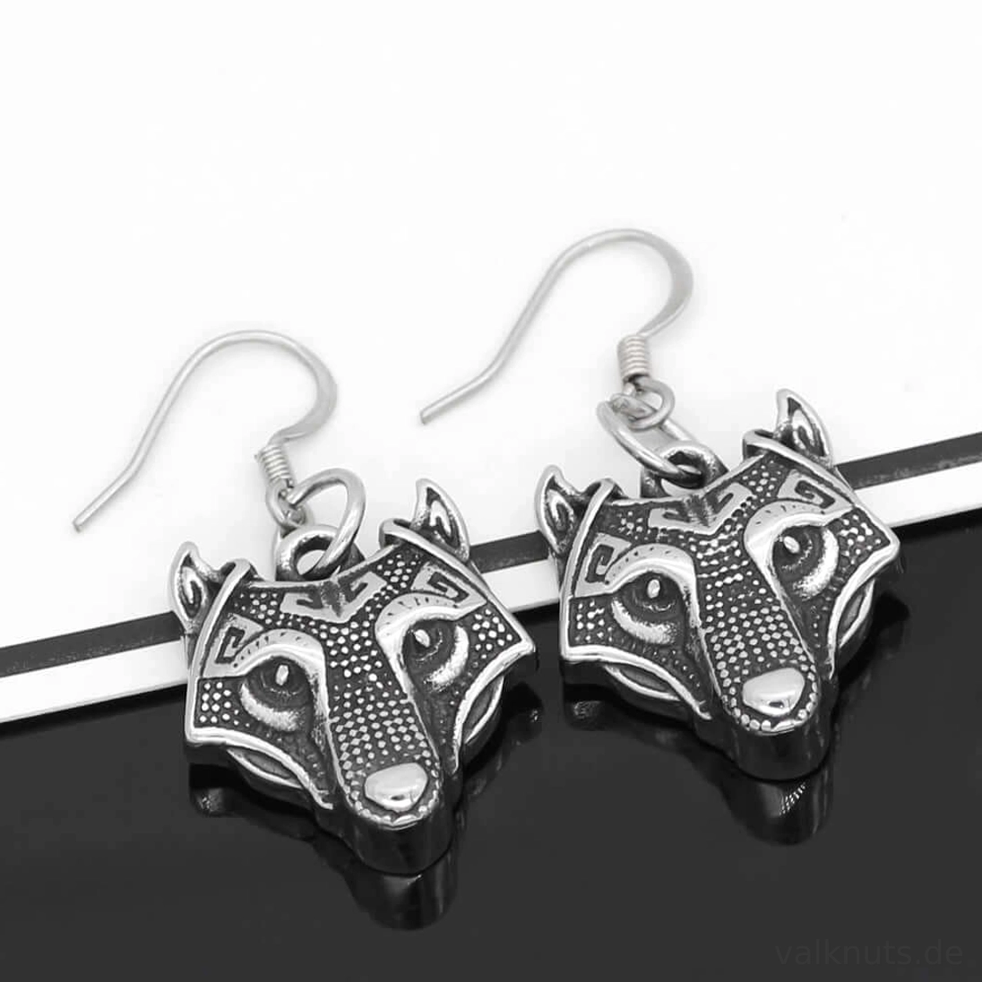 Kleine Wikinger Ohrringe Fenrir Wolfskopf mit Valknut Symbol aus Edelstahl
