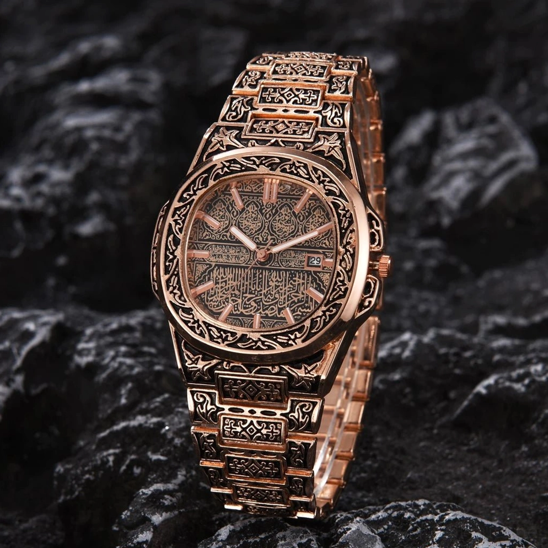 Luxus Vintage Wikinger Uhr für Herren, gold schwarzes Modell mit Runen Gravur