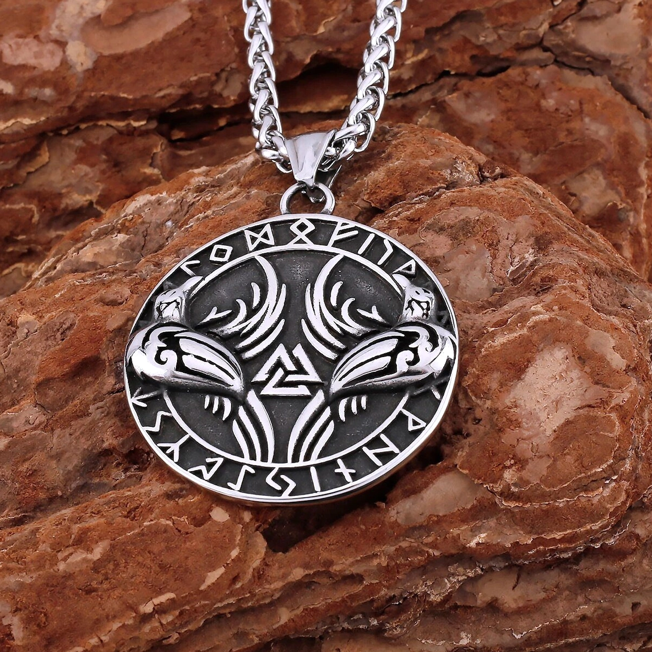 Männliche Wikinger Kette mit Huginn Muninn Valknut Symbol Kette