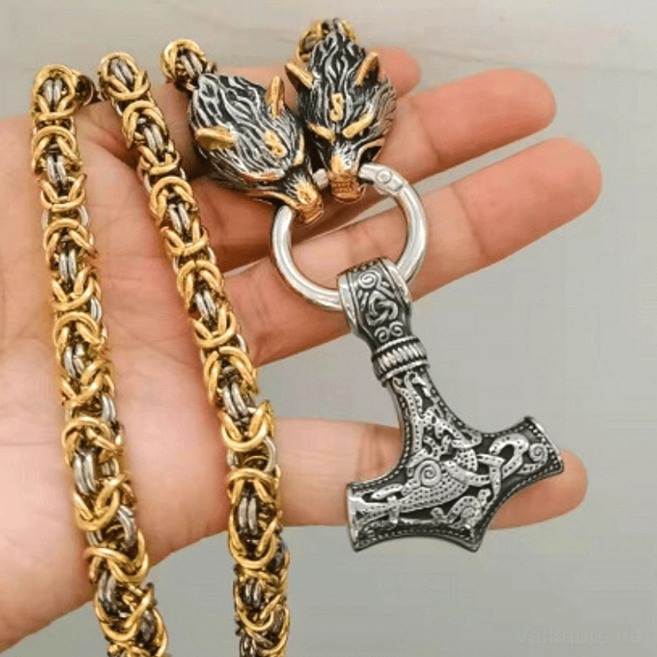 Massangabe Wolf Kette mit Mjolnir und Wolfsköpfen Wikinger Schmuck