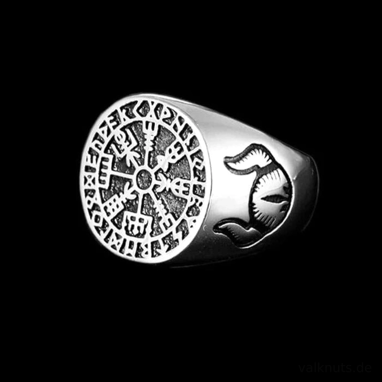 Massiver Wikinger Ring Vegvisir aus 316L Edelstahl, Ganzansicht des Schmucks