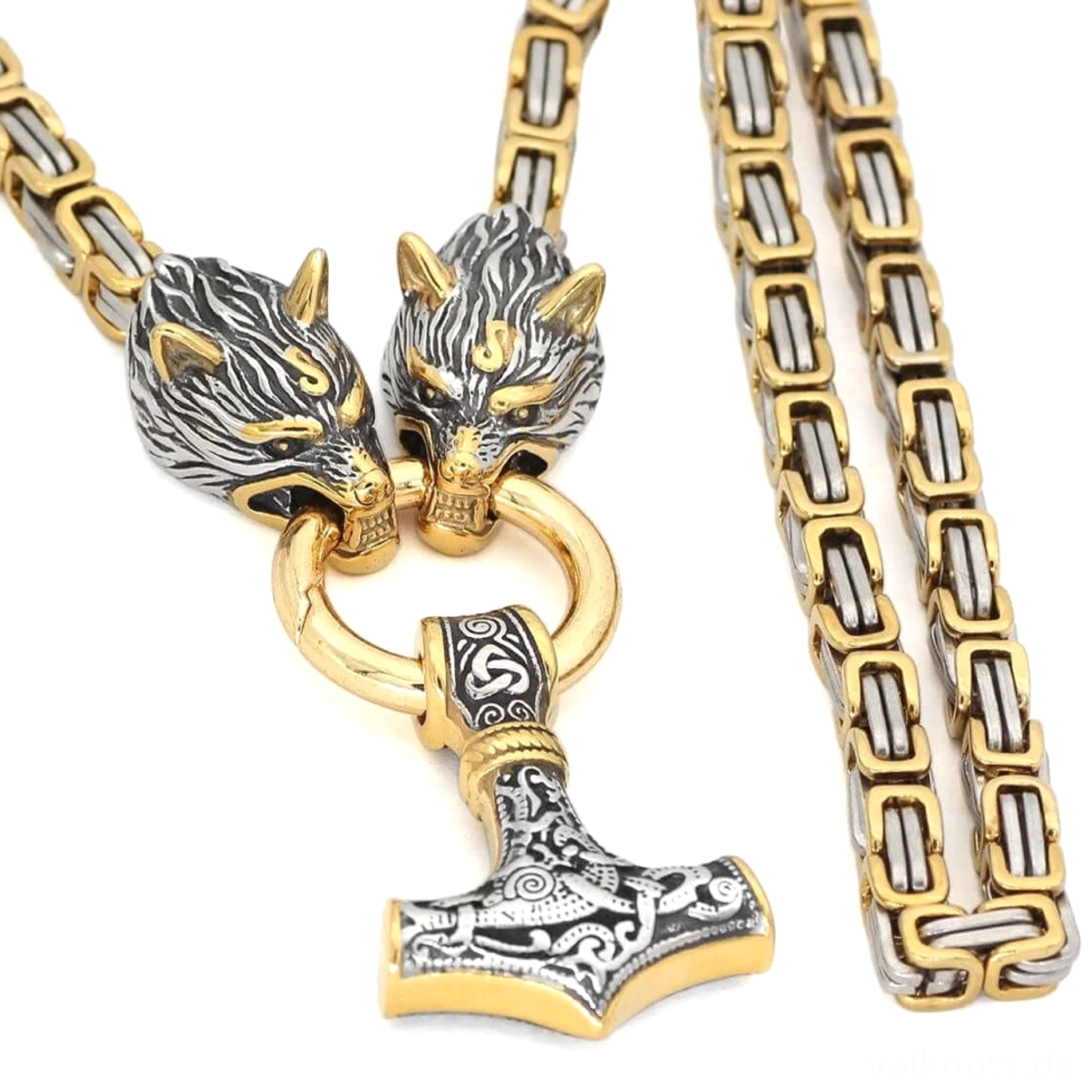 Nahaufnahme Wolfskopf und Mjolnir Symbol der Wikinger Wolf Kette