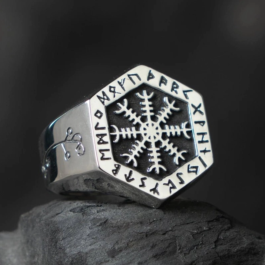 Nordischer Wikinger Aegishjalmur Ring aus Edelstahl als magischer Schutzamulett