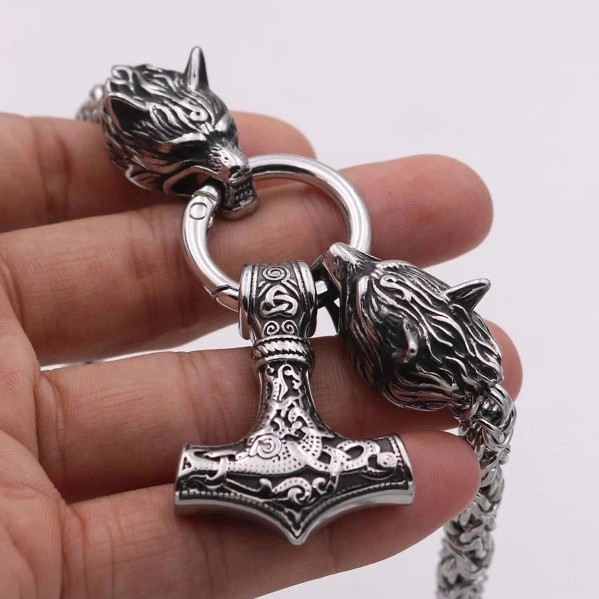 Nordischer Amulett Wolf Kette Thors Hammer mit Wolfsköpfen und Mjolnir Pendant aus Edelstahl
