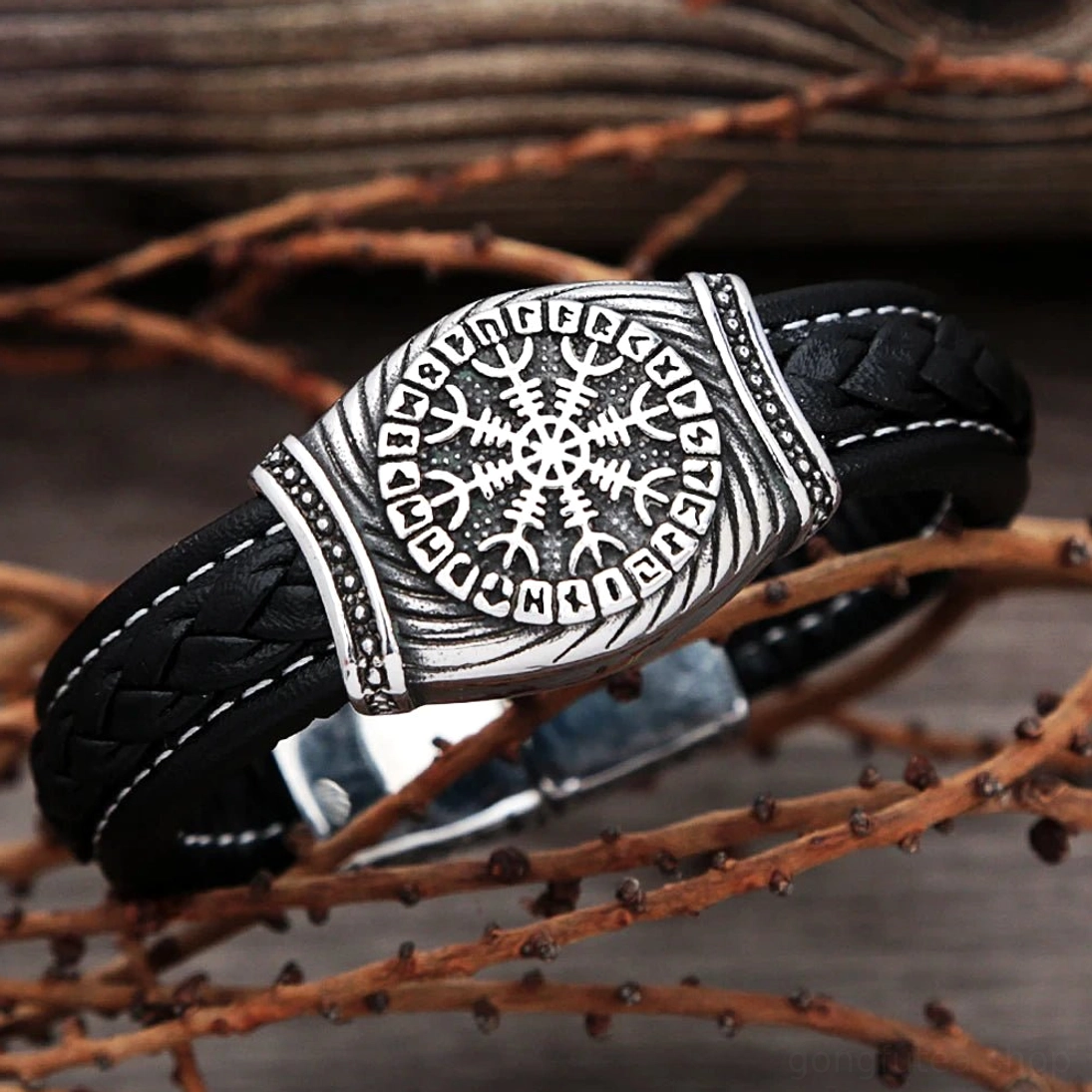 Nordisches Amulett Armband Wikinger mit Aegishjalmur Runen