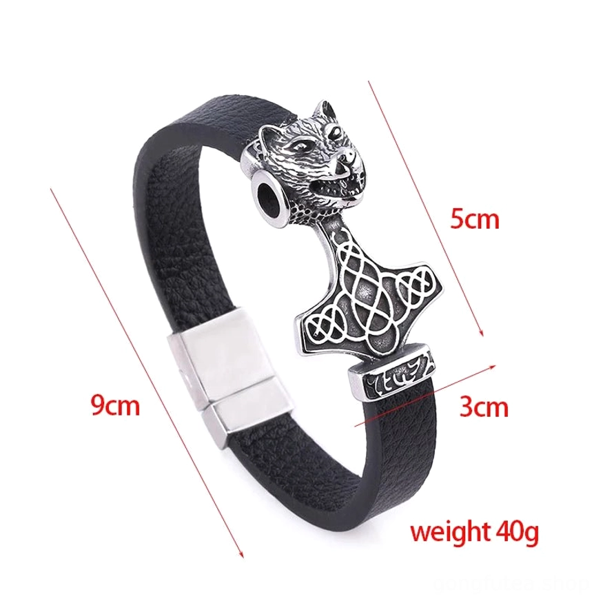Nordisches Wikinger Armband mit Mjolnir, Runen und Leder, Wikinger Amulett