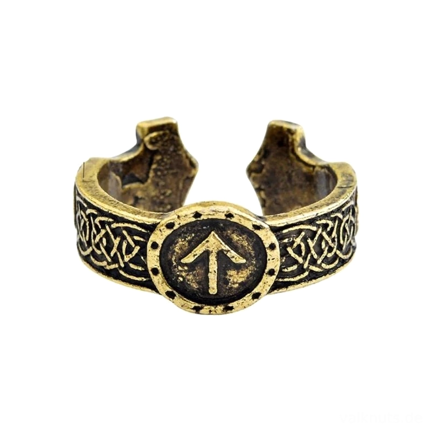 Offener Retro Wikinger Ring Tiwaz Rune in golden Antik, verstellbar