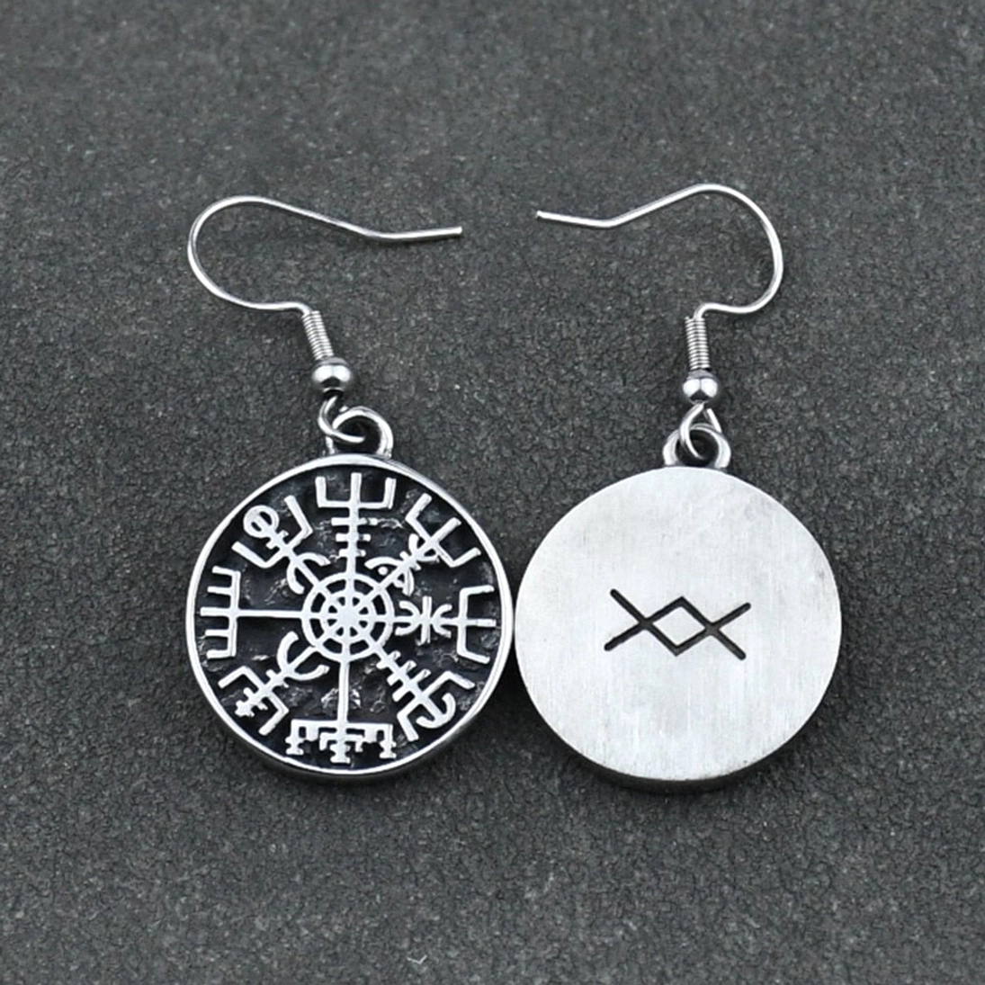 Paar Wikinger Ohrringe Vegvisir Runenkompass, silber schwarz