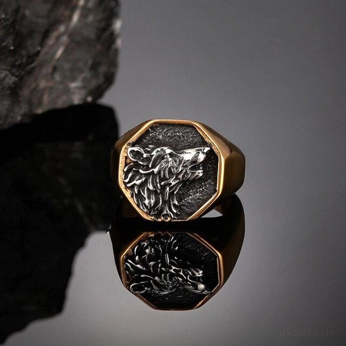 Punk goldfarbener Wikinger Ring Geri Freki Amulett aus Edelstahl