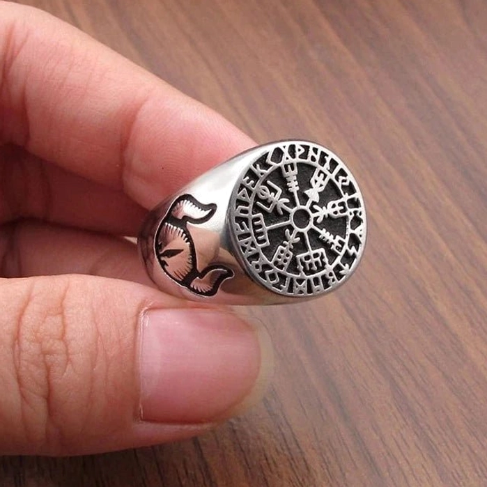 Punk Wikinger Ring Vegvisir mit Runen, Nordic Wikinger Schmuck für Herren