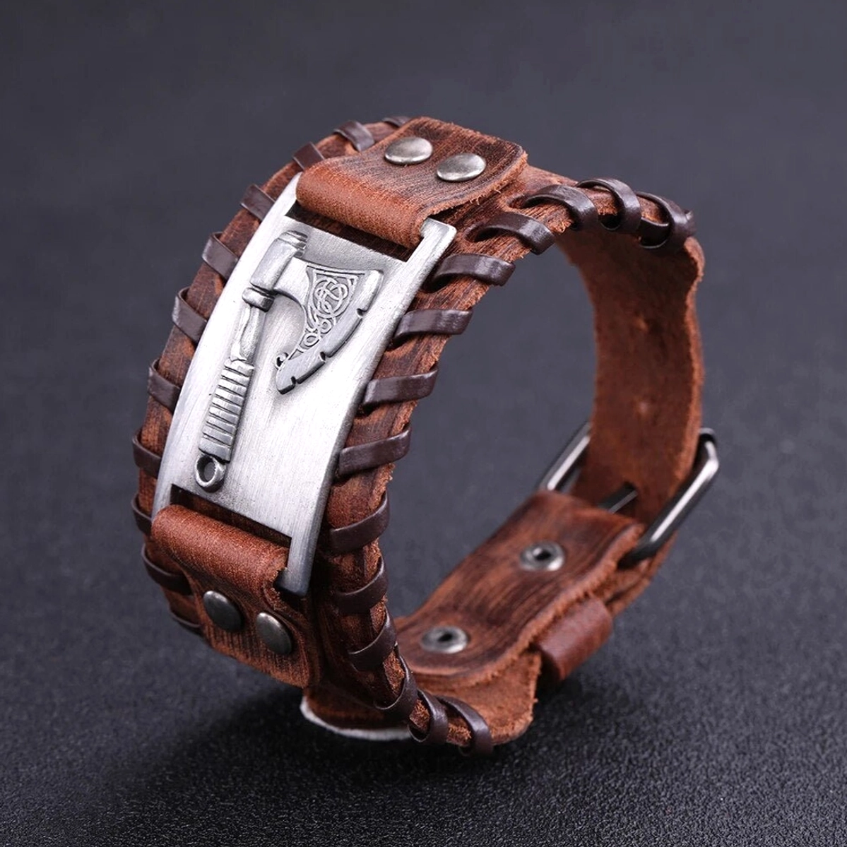 Punk Wikinger Armband mit Axt Symbol aus Leder und Metall, Wikinger Armband für Fans der nordischen Kultur