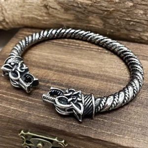 Punk Wikinger Armreif mit Wolfsköpfen, offener verstellbarer Bangle aus Edelstahl