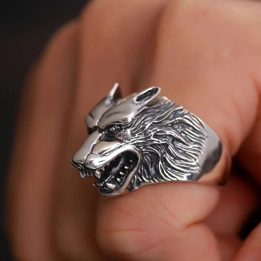 Punk Wikinger Ring mit brüllendem Fenrir Wolfkopf für Männer
