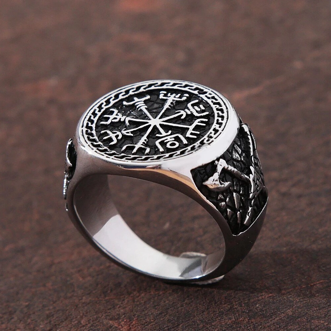 Retro Wikinger Ring Vegvisir Axt Biker Amulett