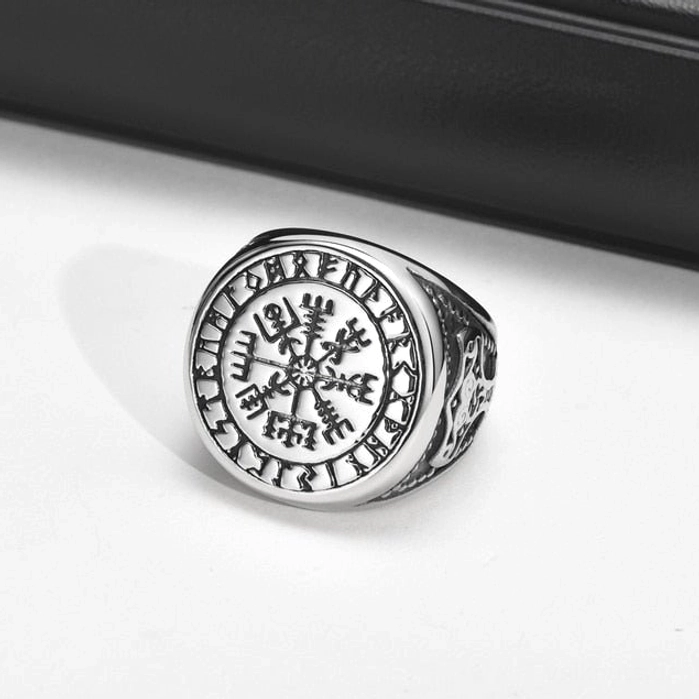 Retro Wikinger Ring mit Vegvisir und Thors Hammer aus Edelstahl