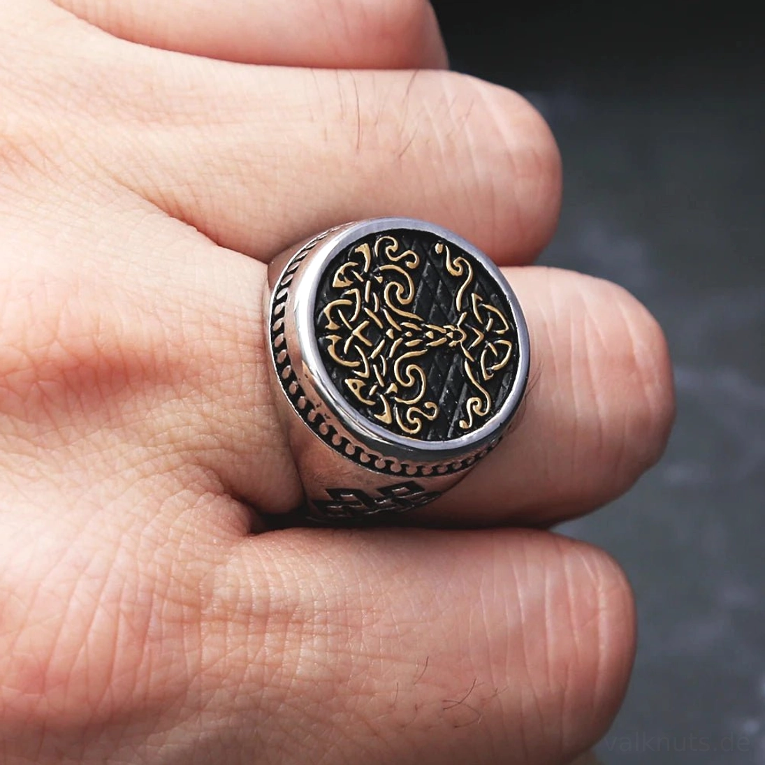 Retro Wikinger Yggdrasil Ring für Männer mit nordischem Knotenwerk, Silber Gold Schwarz