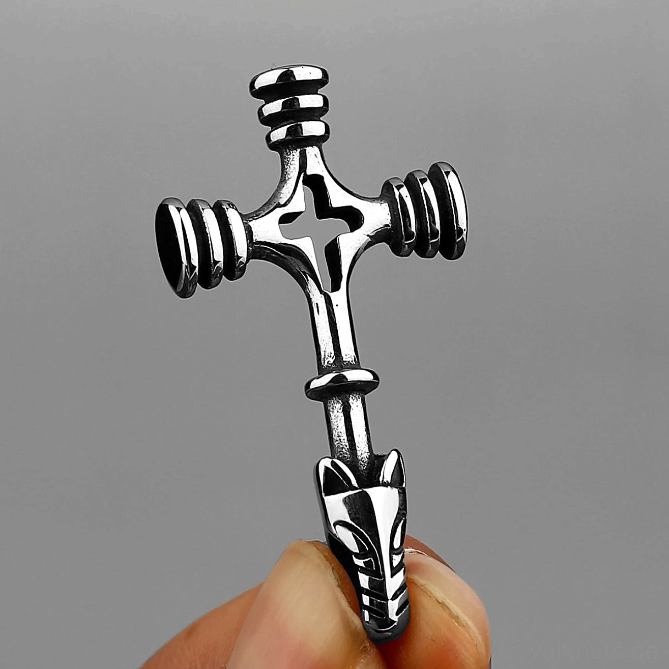 Retro Wikinger Thors Hammer Kette mit Wolfsköpfen, 316L Edelstahl Amulett