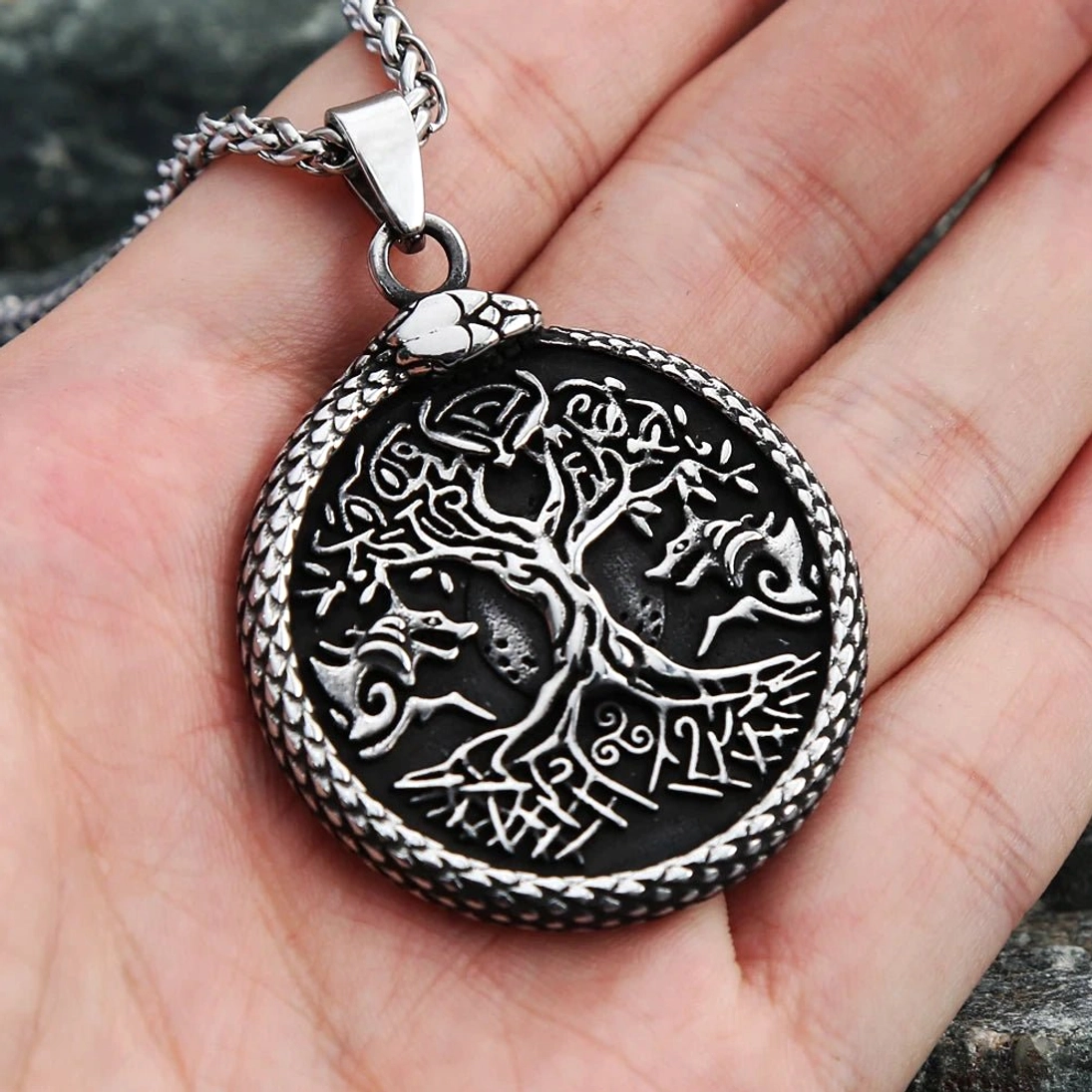 Runder Yggdrasil Anhänger mit Jörmungandr Kreis Wikinger Kette
