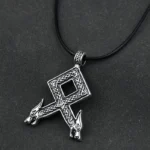 Runen Kette Odal Rune mit Wolfsköpfen, Wikinger Amulett Schmuck