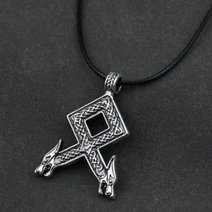 Runen Kette Odal Rune mit Wolfsköpfen, Wikinger Amulett Schmuck