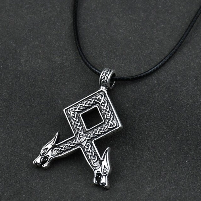 Runen Kette Odal Rune mit Wolfsköpfen, Wikinger Amulett Schmuck