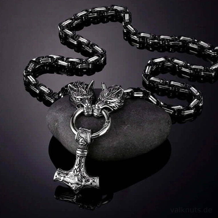 Schwarze Thors Hammer Wolf Kette mit Wolfsköpfen, authentisches Wikinger Schmuck