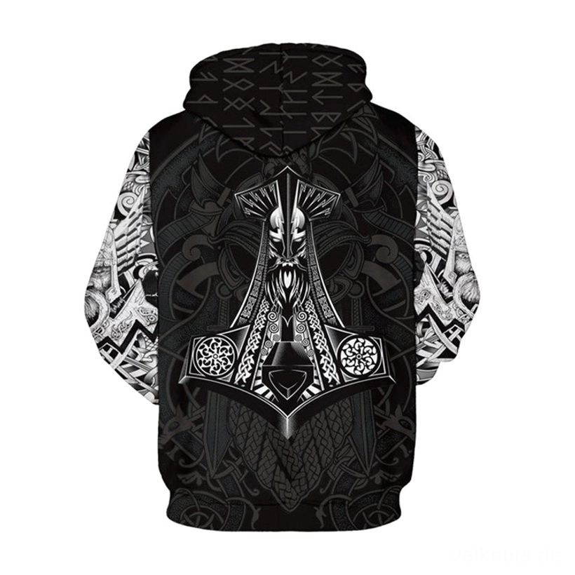 Schwarzer Wikinger Hoodie mit Odin Tattoo Print für Wikingerkultur Fans