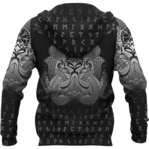 Schwarzer Wikinger Hoodie Steinar mit grauen 3D gedruckten Wikinger Motiven