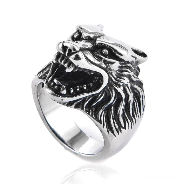 Retro schwarzer Wikinger Ring mit Fenrir Wolfkopf aus Edelstahl