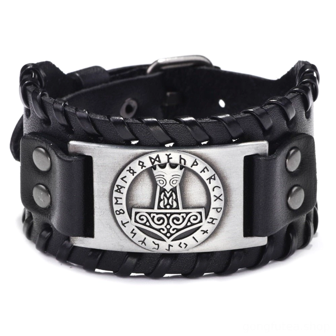 Handgeflochtenes schwarzes Leder Wikinger Armband mit Thorshammer