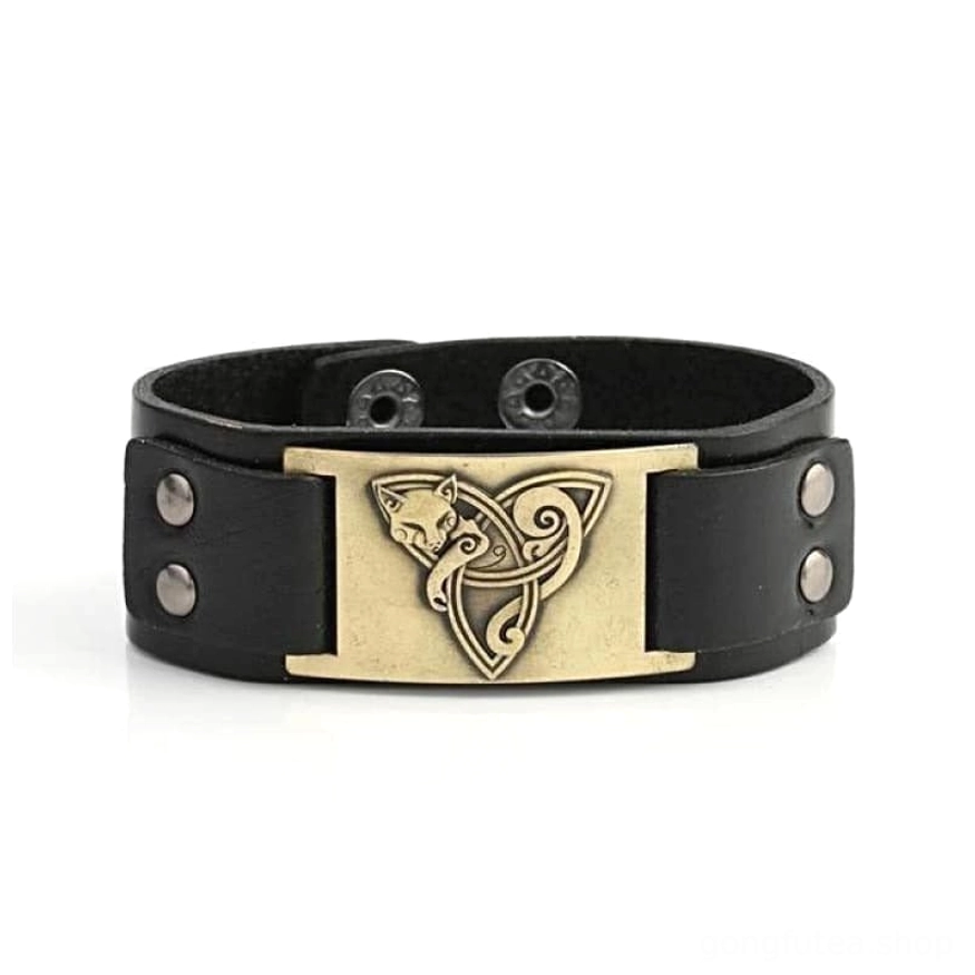 Schwarzes Wikinger Armband mit bronzenem Fuchs Triquetra Emblem