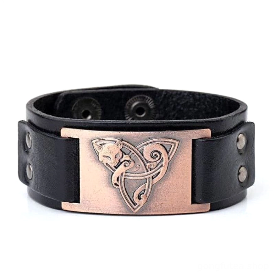 Schwarzes Wikinger Armband mit kupfernem Fuchs Triquetra Emblem