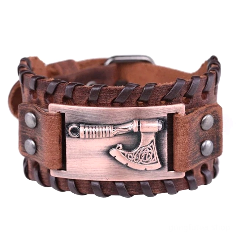 Schwarzes Wikinger Armband mit kupferfarbener Axt, geflochtener Wickelstil