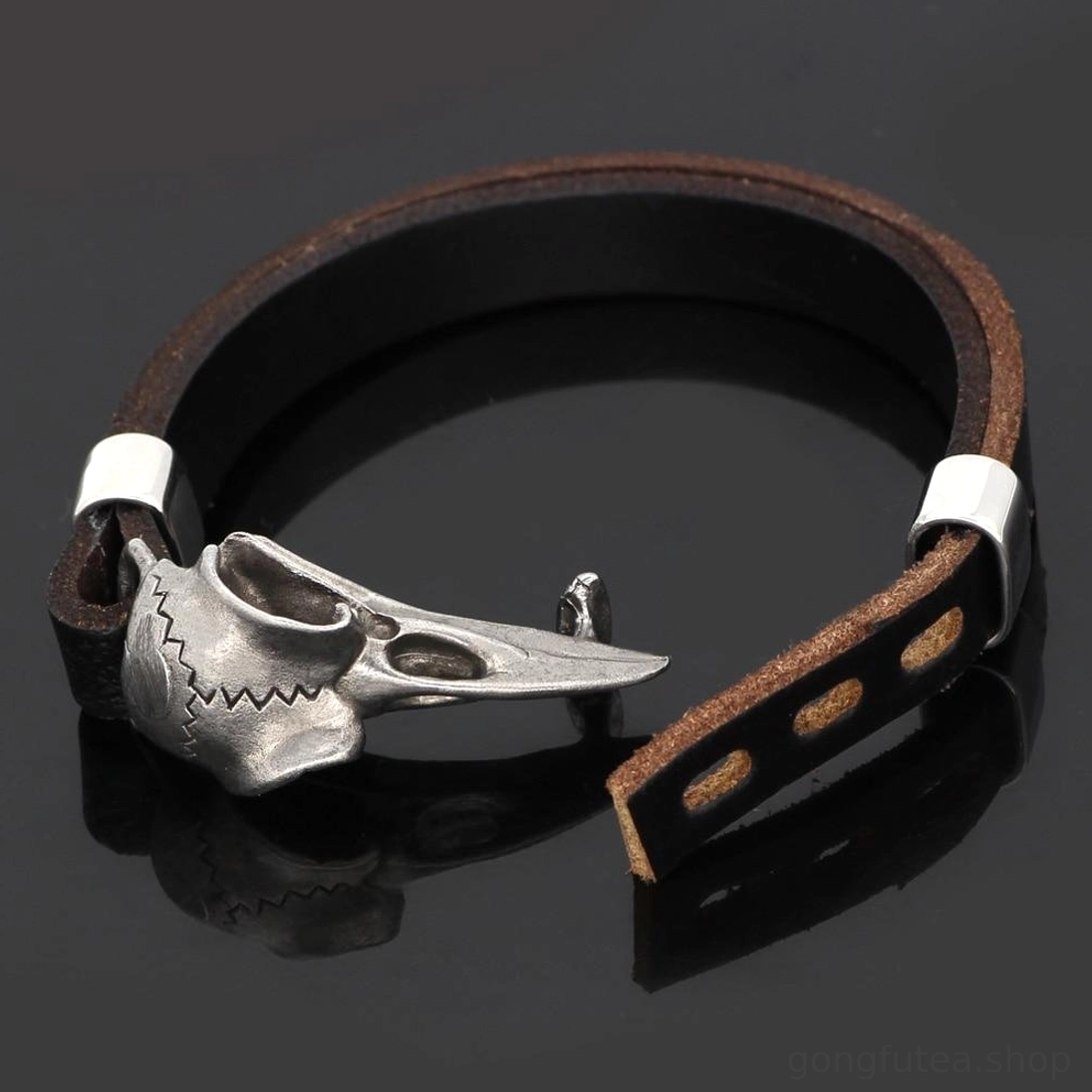 Schwarzes Wikinger Armband mit Rabenschädel Edelstahl