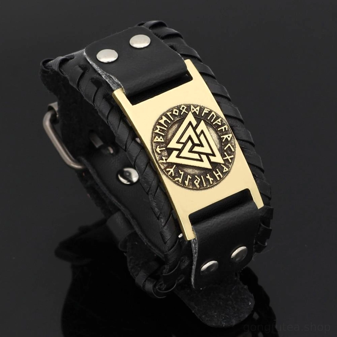 Schwarzes Wikinger Armband mit silbernem Valknut Symbol