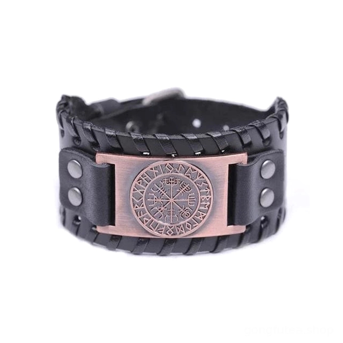 Schwarzes geflochtenes Wikinger Armband mit silbernem Vegvisir