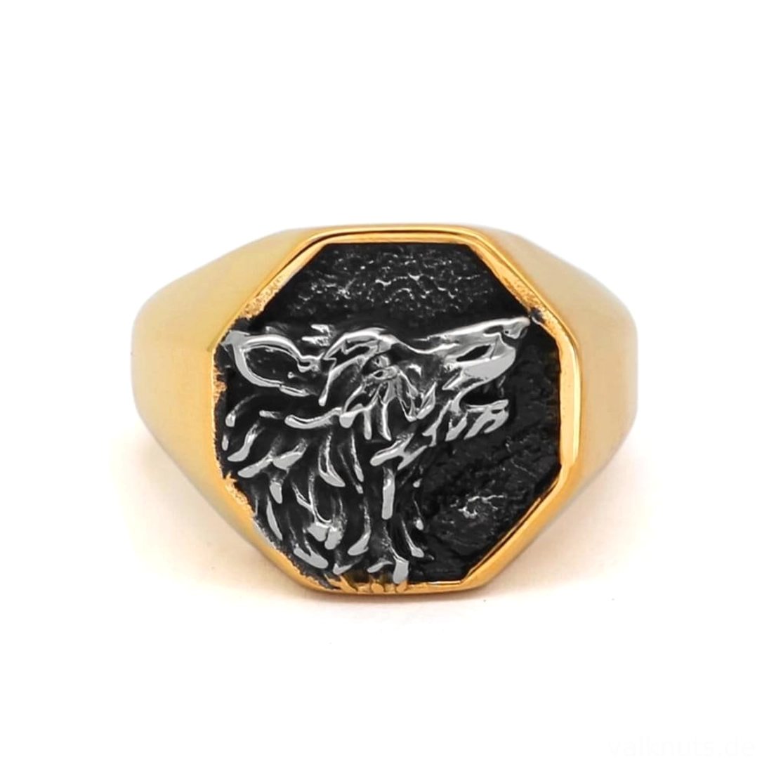 Seitenansicht des goldenen Wikinger Wolf Ring aus Edelstahl