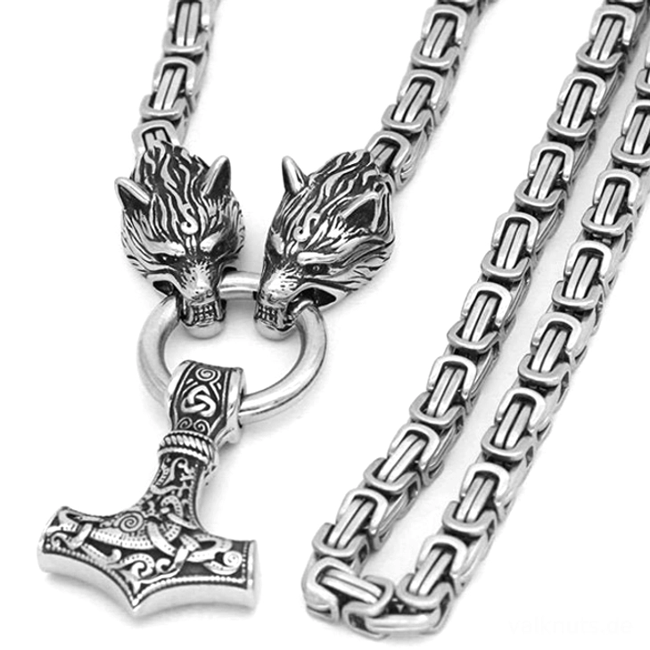 Seitenansicht des Mjolnir Anhängers an der Wikinger Königskette Wolf Kette
