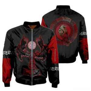 Seitenansicht Wikinger Bomberjacke mit Mjölnir und Odins Raben Wikinger Muster